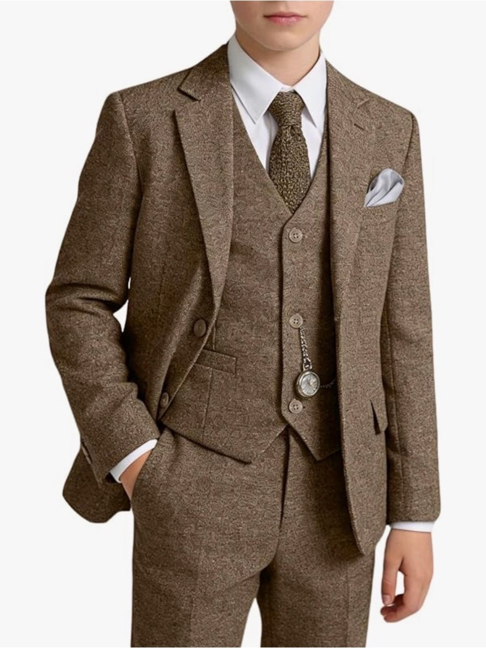 Brown 6pcs Tweed Boys Herringbone Slim Fit Suit Size 16 years